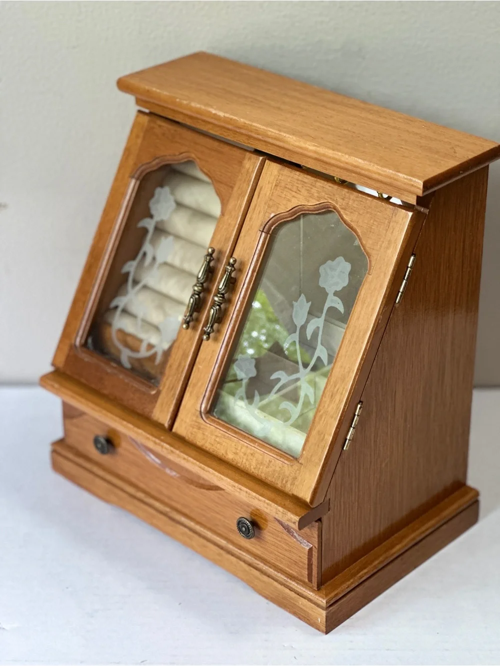 Vintage Wooden Jewelry Armoire Box Etched Glass Rose Doors Drawer